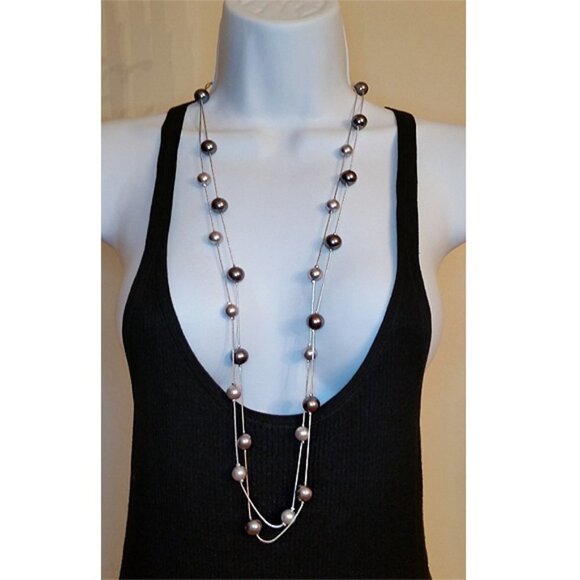 𝅺RMN  double layer silver tone faux pearl necklace costume jewelry layered - Picture 3 of 4